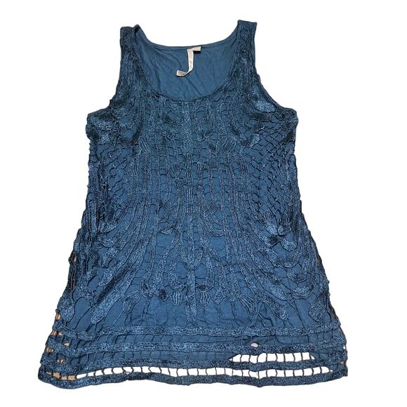 LC Lauren Conrad teal crochet overlay tank top metallic shimmer boho glam M - Picture 6 of 10